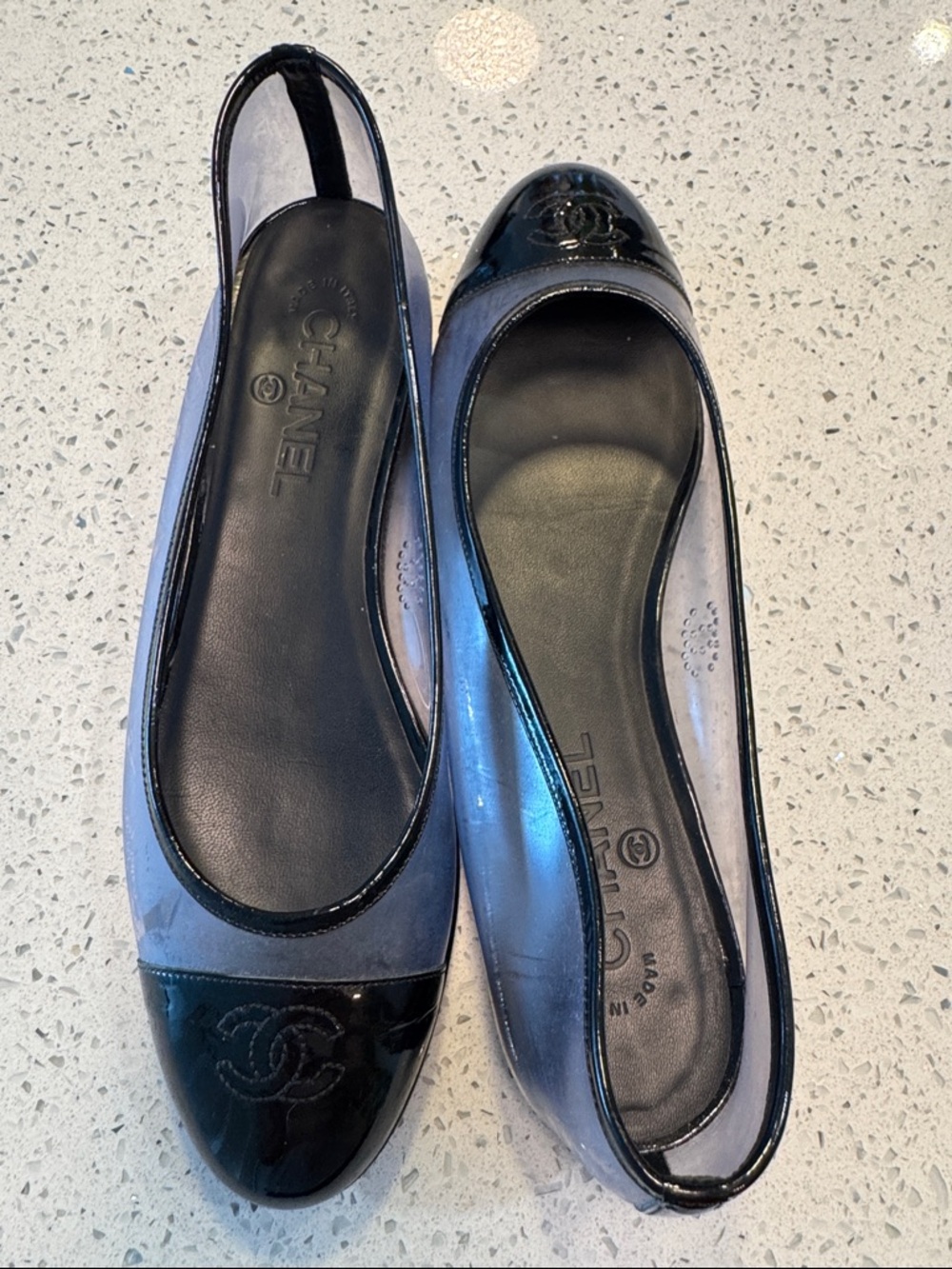 CHANEL Black and Gray Patent Cap-Toe Slingback Flats